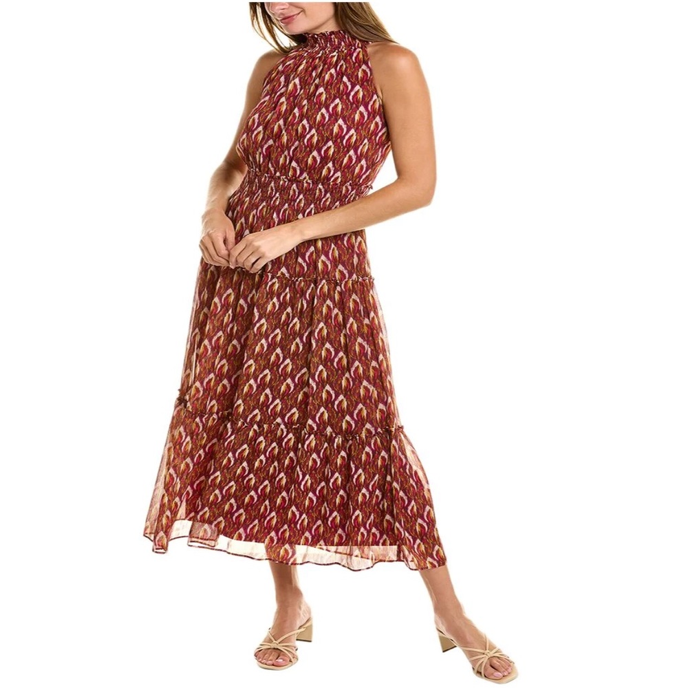 Taylor Ikat Halter Chiffon Smocked Waist Midi Dress Purple Red Multi Sze 16 NWT